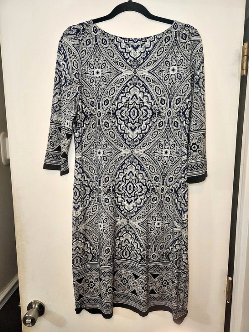 London Times Women's Geometric Midi Sheath Dress 3/4 Sleeve Size Medium
